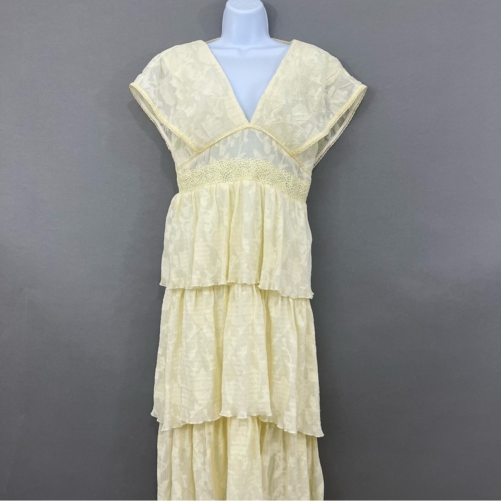 Foxiedox Yellow Print V Neck Crochet Midi Tiered Summer Dress